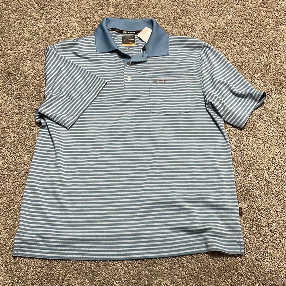 Greg Norman Mens Medium Golf polo blue/white striped drifit excellent condition